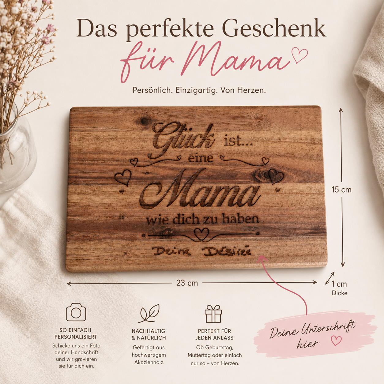 Personalisiertes Schneidebrett Mama mit eigener Unterschrift - Frühstücksbrettchen